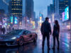 Un homme et une femme debout devant une voiture de sport sur une rue animée et pluvieuse d'une grande ville.