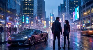 Un homme et une femme debout devant une voiture de sport sur une rue animée et pluvieuse d'une grande ville.