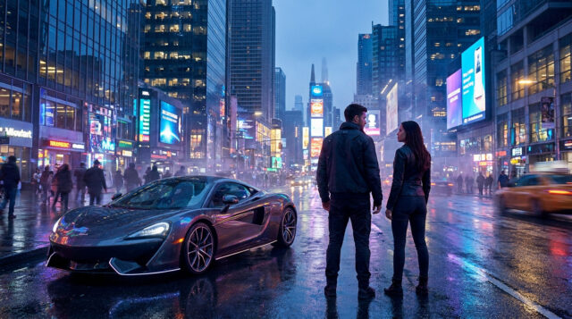 Gameplay de GTA 6 : duo et véhicules à Leonida Un homme et une femme debout devant une voiture de sport sur une rue animée et pluvieuse d'une grande ville.