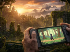 Remake Ocarina of Time Switch 2 : le teaser et la vision 2D Mains tenant une console de jeu affichant un personnage en 2D devant un paysage forestier réaliste et mystérieux.