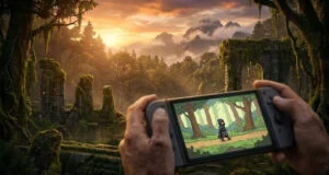 Mains tenant une console de jeu affichant un personnage en 2D devant un paysage forestier réaliste et mystérieux.