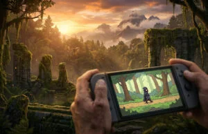 Remake Ocarina of Time Switch 2 : le teaser et la vision 2D Mains tenant une console de jeu affichant un personnage en 2D devant un paysage forestier réaliste et mystérieux.