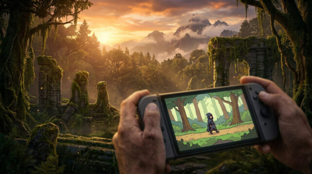Remake Ocarina of Time : une vision 2D sur Switch 2 Mains tenant une console de jeu affichant un personnage en 2D devant un paysage forestier réaliste et mystérieux.
