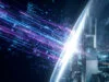 Fuites gta 6 cyberleek : la fin du piratage ? Visualisation abstraite de flux de données numériques bleus et violets percutant une barrière lumineuse au-dessus d'une ville.