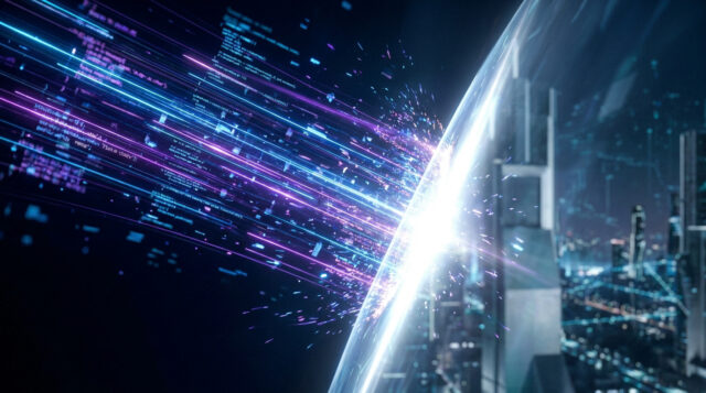 Cyber-attaque et fuite de données numériques Visualisation abstraite de flux de données numériques bleus et violets percutant une barrière lumineuse au-dessus d'une ville.