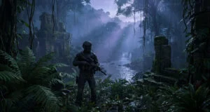 Un soldat lourdement armé dans une jungle dense avec des ruines antiques et une cascade en arrière-plan.