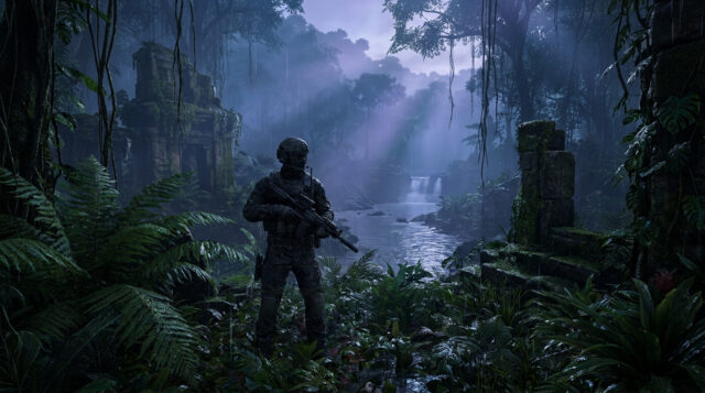 Ghost Recon Wildlands : Immersion tropicale en 4K Un soldat lourdement armé dans une jungle dense avec des ruines antiques et une cascade en arrière-plan.