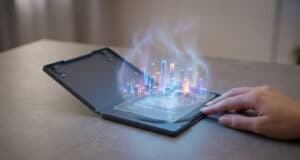 Une main touche un boîtier de jeu ouvert d'où émerge une ville futuriste en hologramme lumineux.