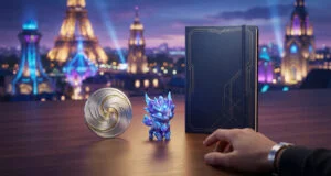 Objets collector Pokémon Legends Z-A sur une table avec la Tour Eiffel en arrière-plan.