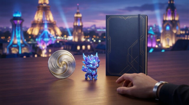 Bonus de précommande Pokémon Legends Z-A Objets collector Pokémon Legends Z-A sur une table avec la Tour Eiffel en arrière-plan.