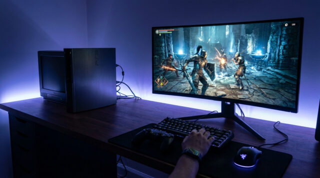 Émulation PS3 sur PC avec RPCS3 Une personne joue à un jeu vidéo sur PC avec un clavier, une souris et une console PS3 posée sur le bureau éclairé.