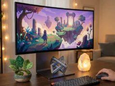 Nouveaux jeux indés Steam : 3 pépites à moins de 15 € Écran incurvé affichant un jeu d'aventure fantastique sur un bureau bien décoré.