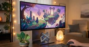 Écran incurvé affichant un jeu d'aventure fantastique sur un bureau bien décoré.