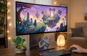 Nouveaux jeux indés Steam : 3 pépites à moins de 15 € Écran incurvé affichant un jeu d'aventure fantastique sur un bureau bien décoré.