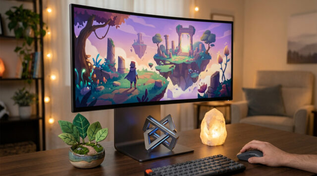 Setup gaming avec écran large et jeu indé Écran incurvé affichant un jeu d'aventure fantastique sur un bureau bien décoré.