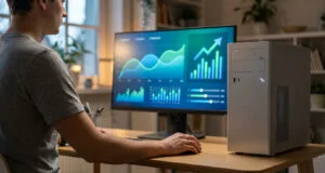 Un homme devant son ordinateur analysant des graphiques de performance sur son écran.