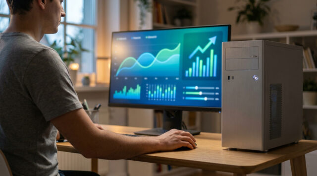 Optimiser votre PC pour GTA 6 Un homme devant son ordinateur analysant des graphiques de performance sur son écran.