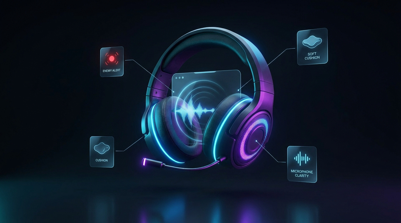 Casque gaming futuriste avec éclairage néon et interface numérique