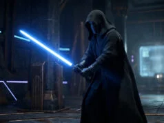 Promo Jedi Outcast PS4 : profitez du prix bas sur le Store Un Jedi encapuchonné tenant un sabre laser bleu dans un temple futuriste sombre et mystérieux.