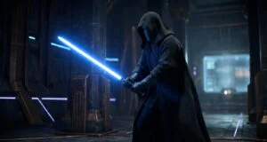 Un Jedi encapuchonné tenant un sabre laser bleu dans un temple futuriste sombre et mystérieux.