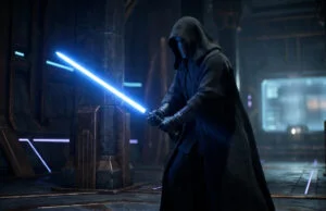 Promo Jedi Outcast PS4 : profitez du prix bas sur le Store Un Jedi encapuchonné tenant un sabre laser bleu dans un temple futuriste sombre et mystérieux.