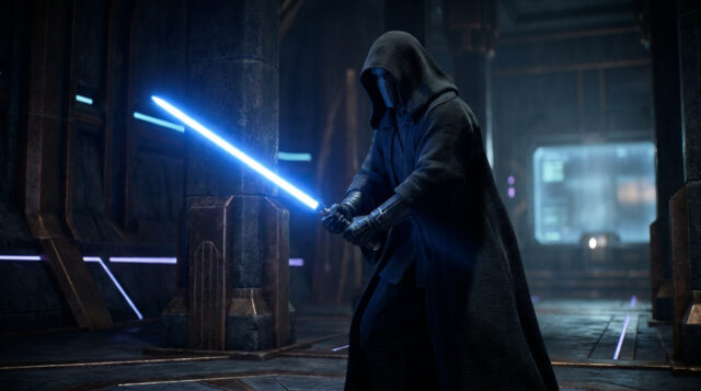 Promo Jedi Outcast PS4 : Le retour d'un classique Un Jedi encapuchonné tenant un sabre laser bleu dans un temple futuriste sombre et mystérieux.