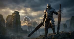 Un chevalier en armure sombre tenant deux épées avec son cheval spectral dans un décor de ruines médiévales.
