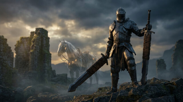 Elden Ring : Le Chevalier et son destrier Un chevalier en armure sombre tenant deux épées avec son cheval spectral dans un décor de ruines médiévales.