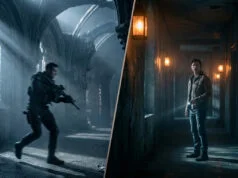 Resident Evil Requiem vs RE4 Remake : le choc des générations Comparaison côte à côte entre un soldat armé dans des ruines et un homme avec une lampe torche dans un couloir sombre.