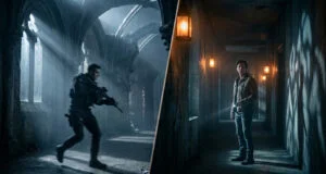 Comparaison côte à côte entre un soldat armé dans des ruines et un homme avec une lampe torche dans un couloir sombre.