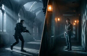 Resident Evil Requiem vs RE4 Remake : le choc des générations Comparaison côte à côte entre un soldat armé dans des ruines et un homme avec une lampe torche dans un couloir sombre.