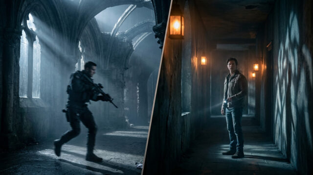 Resident Evil Requiem vs RE4 Remake : choc visuel Comparaison côte à côte entre un soldat armé dans des ruines et un homme avec une lampe torche dans un couloir sombre.
