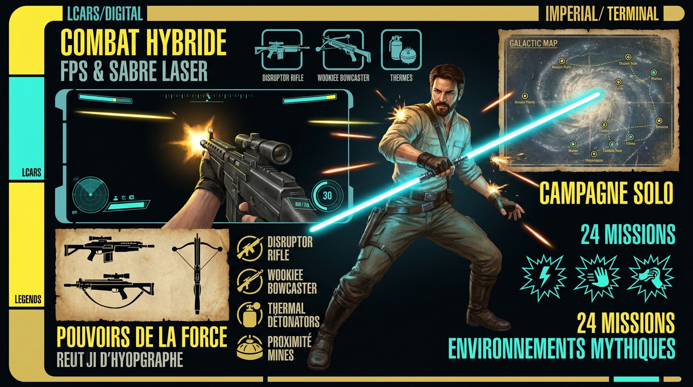 Kyle Katarn maniant son sabre laser et un blaster dans Star Wars Jedi Knight II