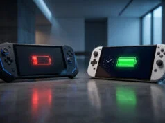 Autonomie de la Nintendo Switch 2 : le test face à la Switch OLED Deux consoles portables posées sur une table, l'une affichant une batterie rouge faible et l'autre une batterie verte pleine.