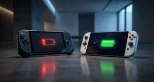 Deux consoles portables posées sur une table, l'une affichant une batterie rouge faible et l'autre une batterie verte pleine.