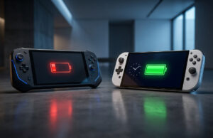 Autonomie de la Nintendo Switch 2 : le test face à la Switch OLED Deux consoles portables posées sur une table, l'une affichant une batterie rouge faible et l'autre une batterie verte pleine.