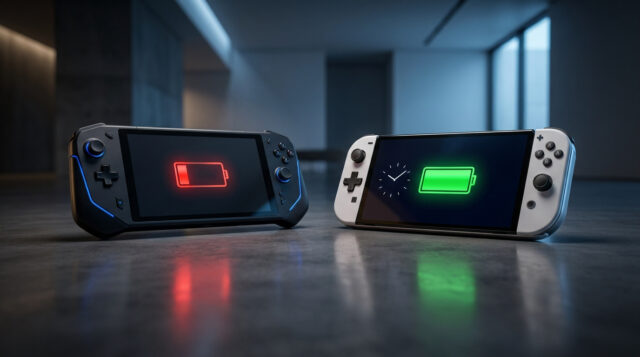 Comparatif d'autonomie : Switch 2 vs Switch OLED Deux consoles portables posées sur une table, l'une affichant une batterie rouge faible et l'autre une batterie verte pleine.