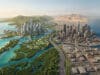 GTA 6 vs GTA 5 : comparatif de la taille de la map Leonida Vue aérienne d'une métropole côtière divisée entre gratte-ciel modernes, zones industrielles et paysages naturels.