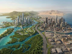 GTA 6 vs GTA 5 : comparatif de la taille de la map Leonida Vue aérienne d'une métropole côtière divisée entre gratte-ciel modernes, zones industrielles et paysages naturels.