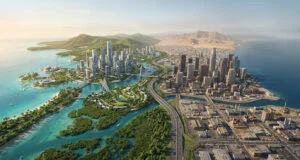 Vue aérienne d'une métropole côtière divisée entre gratte-ciel modernes, zones industrielles et paysages naturels.