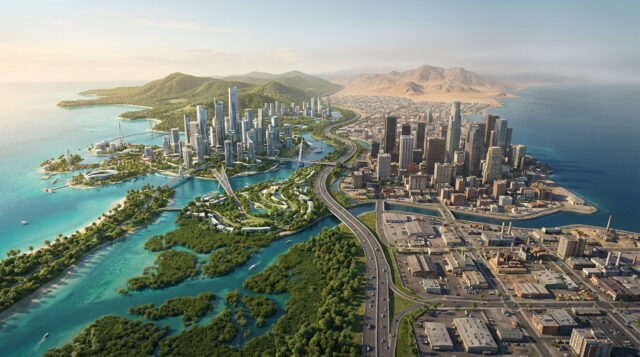 Vue aérienne d'une métropole côtière divisée entre gratte-ciel modernes, zones industrielles et paysages naturels.