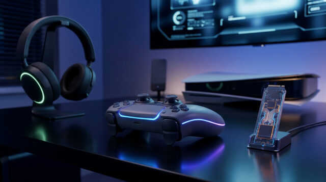 Accessoires et compatibilité pour la PlayStation 6 Setup gaming futuriste avec une manette, un casque et un SSD sur une table devant une console de jeu floutée.