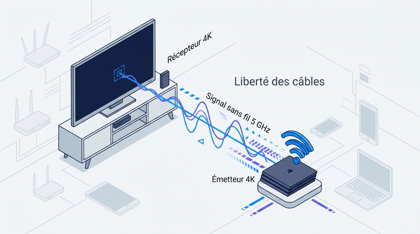 Schéma de connexion d'un kit HDMI sans fil 4K avec émetteur et récepteur