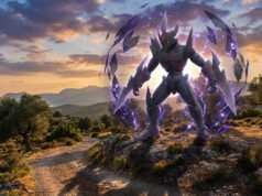 Raid Scalpereur 7 étoiles : capture le boss et ses shiny Le Pokémon Scalpereur entouré d'une aura d'énergie violette, debout sur un sentier rocheux au coucher du soleil.