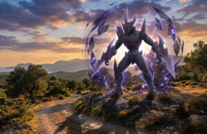 Raid Scalpereur 7 étoiles : capture le boss et ses shiny Le Pokémon Scalpereur entouré d'une aura d'énergie violette, debout sur un sentier rocheux au coucher du soleil.
