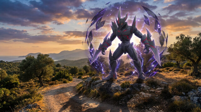 Raid Scalpereur 7 étoiles : Guide de capture Le Pokémon Scalpereur entouré d'une aura d'énergie violette, debout sur un sentier rocheux au coucher du soleil.