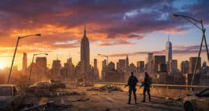 Deux agents armés observent New York en ruines au coucher du soleil dans The Division Resurgence.