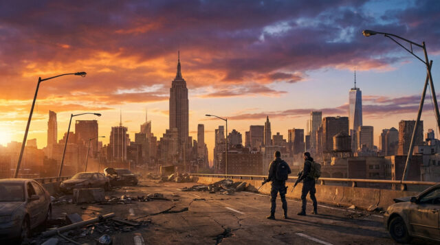 Deux agents armés observent New York en ruines au coucher du soleil dans The Division Resurgence.