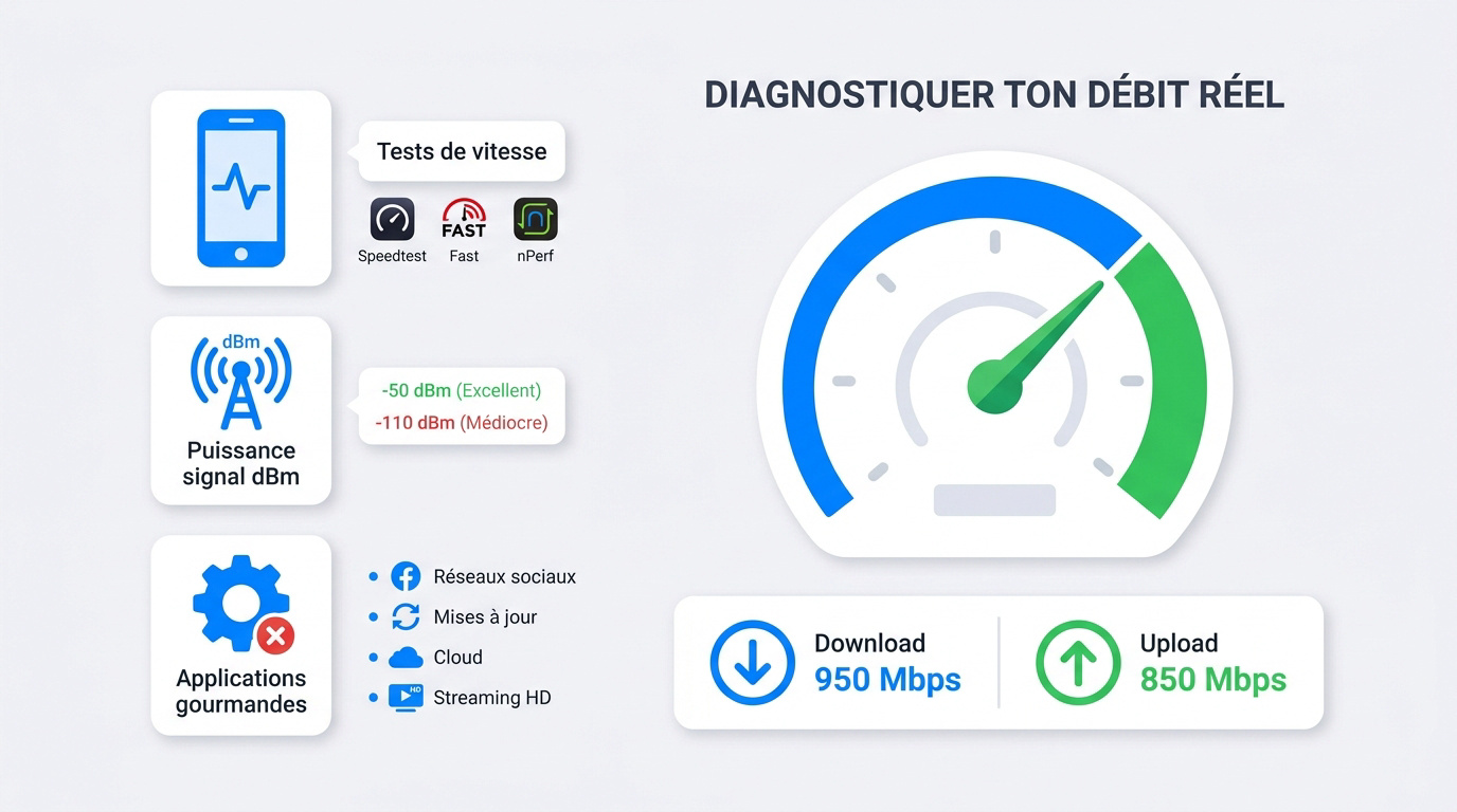 Interface de diagnostic de débit réseau affichant la vitesse du signal et la consommation des applications sur smartphone