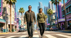 Un homme et une femme marchent au milieu d'une rue style Miami avec des néons et des palmiers, évoquant GTA 6.